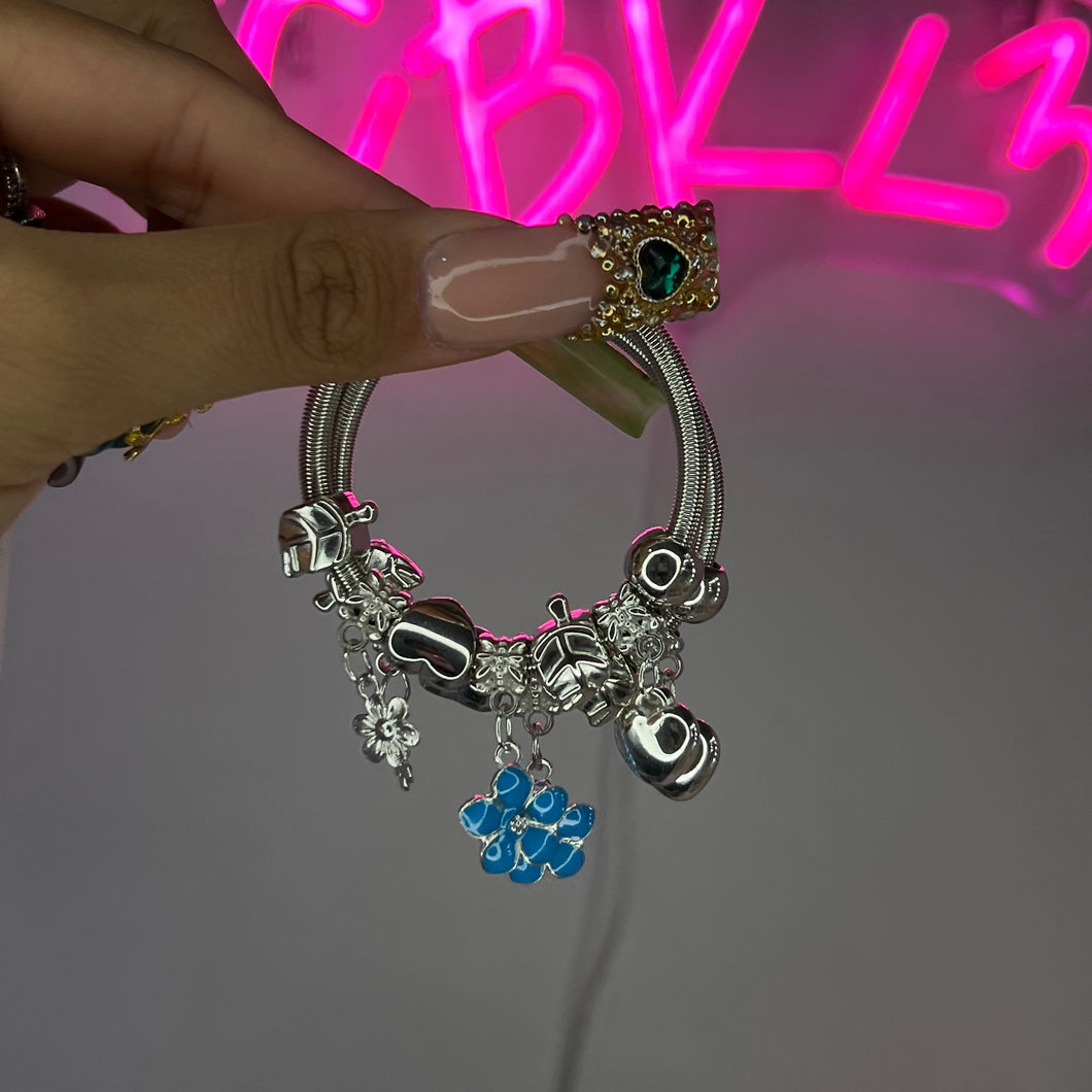 Silver & Blue KIDS Flower Spring Charm Bracelet