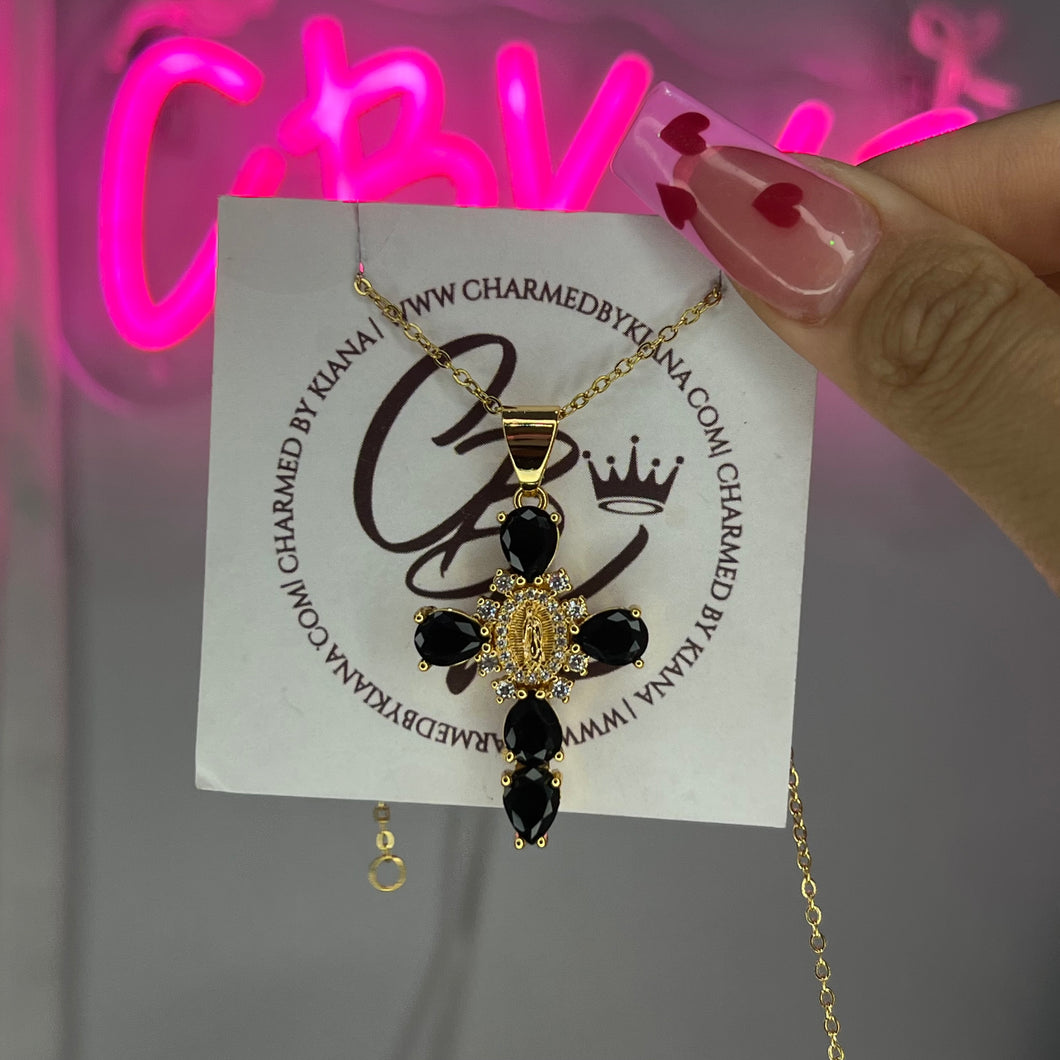 Gold & Black Diamond Virgencita Cross Necklace