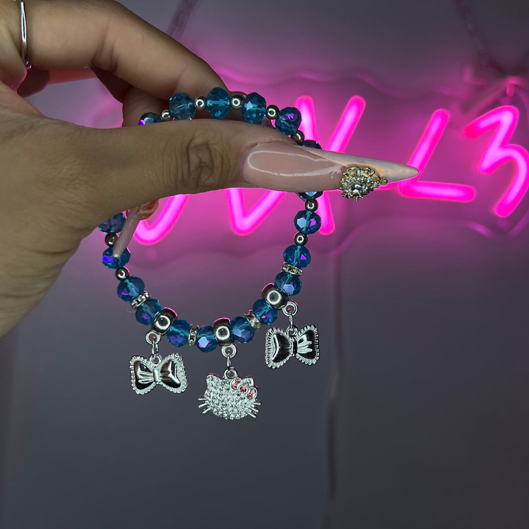 Silver & Blue Coquette Kitty Beaded Bracelet