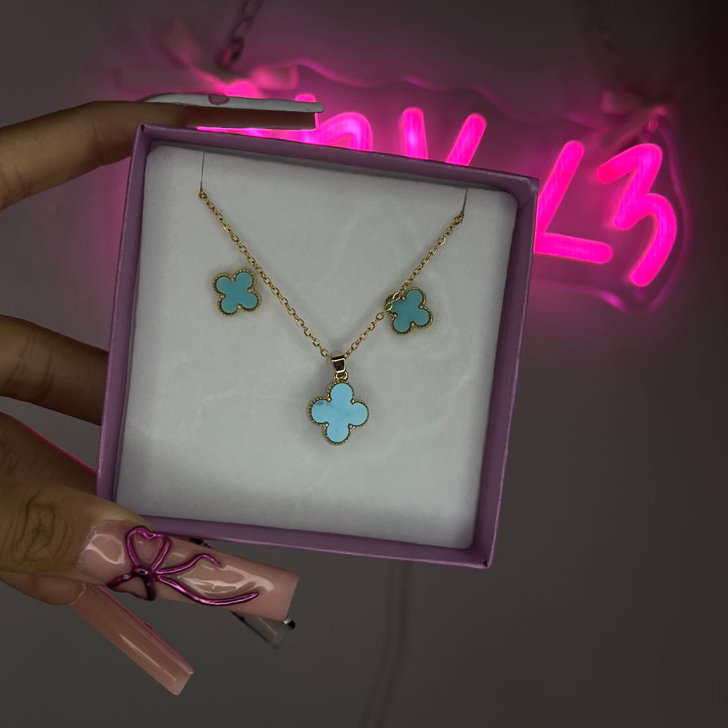 Baby Blue & Gold Earring X Necklace Klover Set