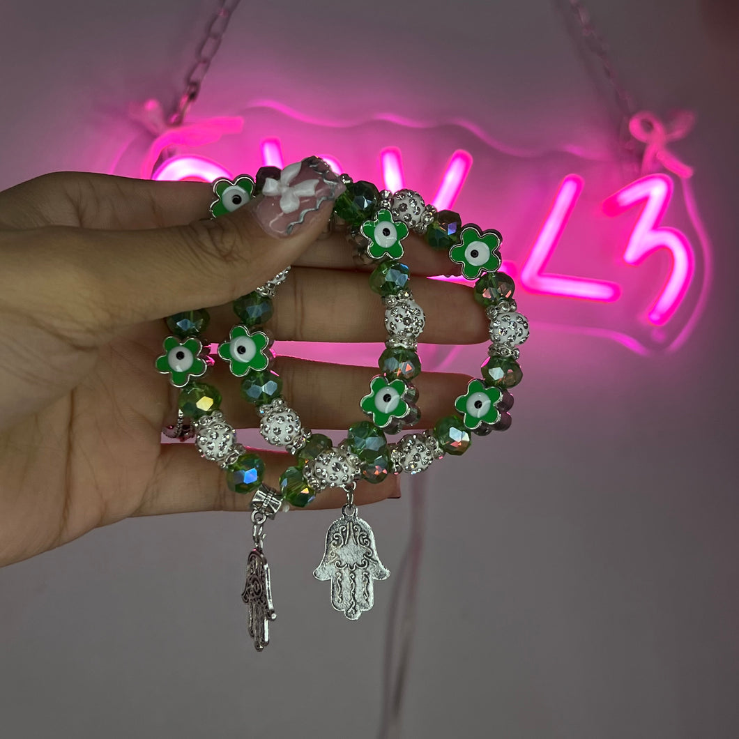 Green Flower XL Hamsa Beaded Bracelet
