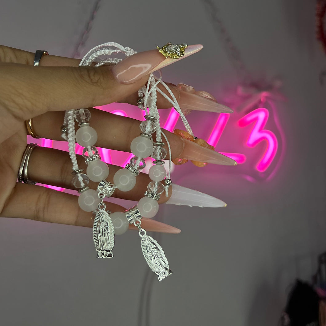 Silver & White Virgencita Adjustable String Bracelet