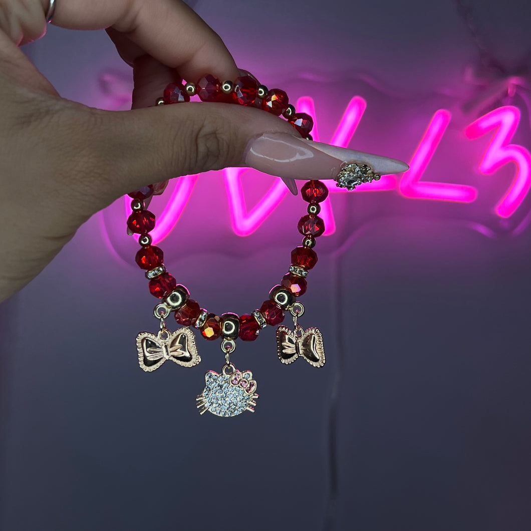 Gold & Red Coquette Kitty Beaded Bracelet