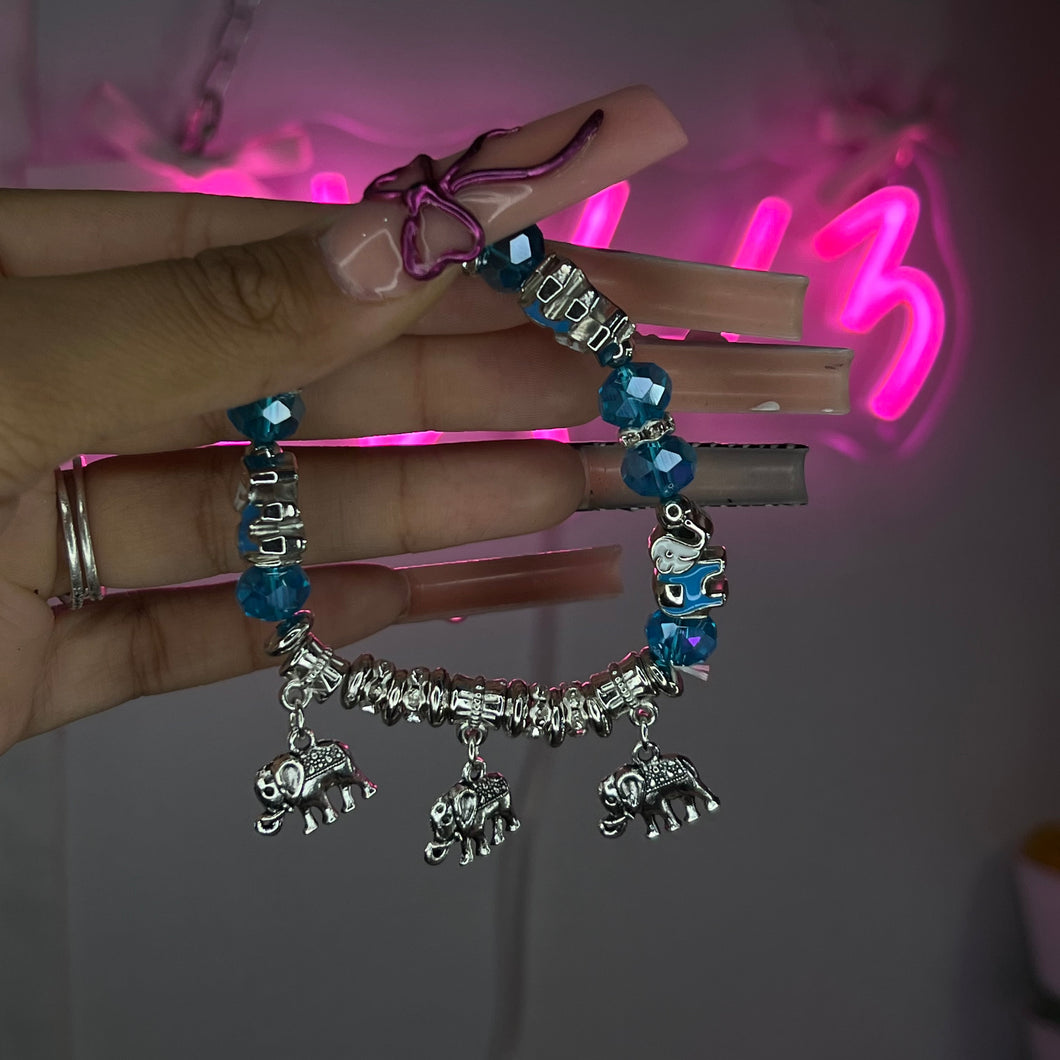 Baby Blue & Silver 3 Elephant Charm Beaded Bracelet