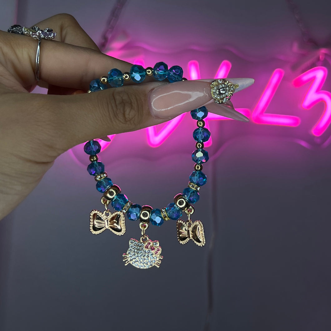 Gold & Blue Coquette Kitty Beaded Bracelet