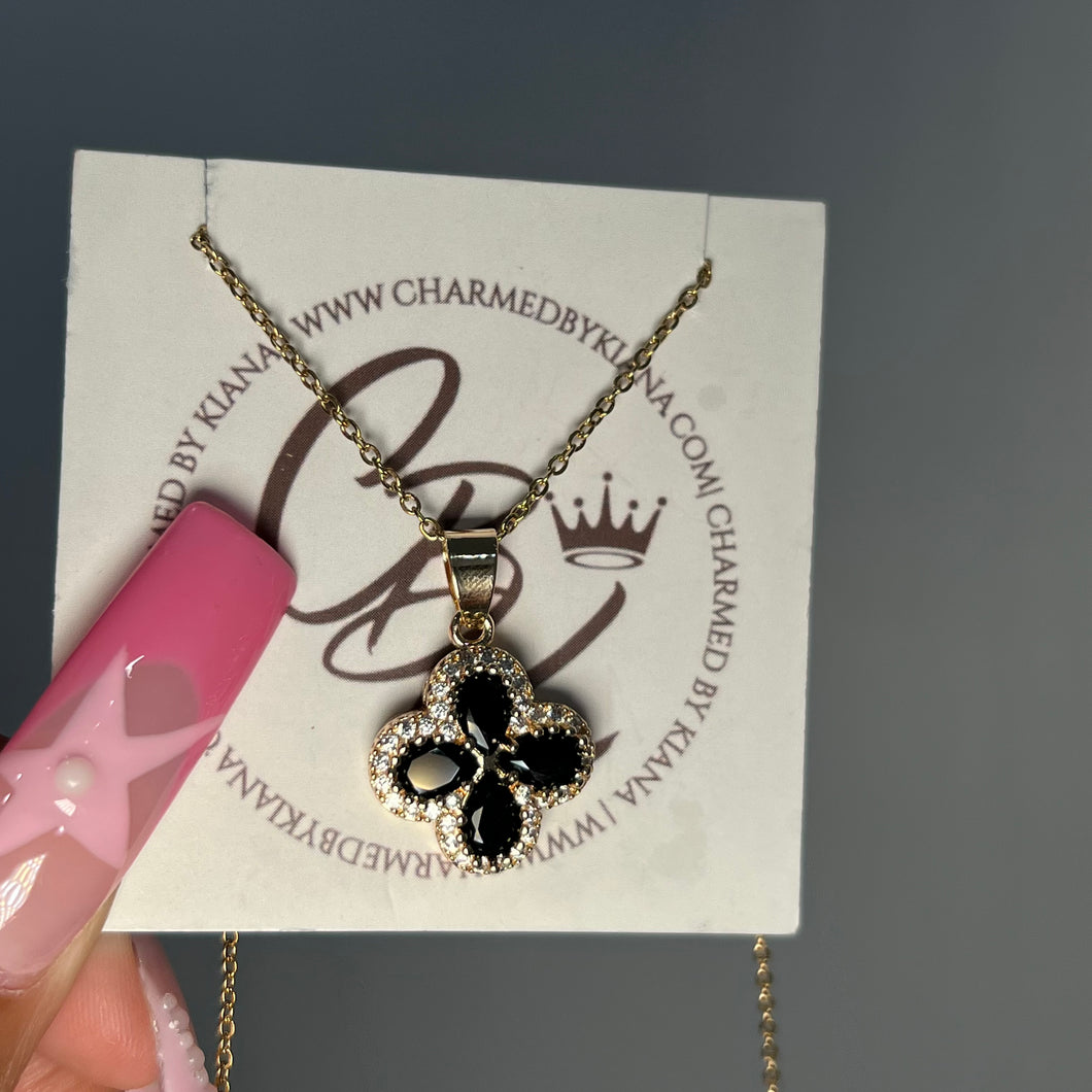 Gold & Black Diamanté Klover Necklace