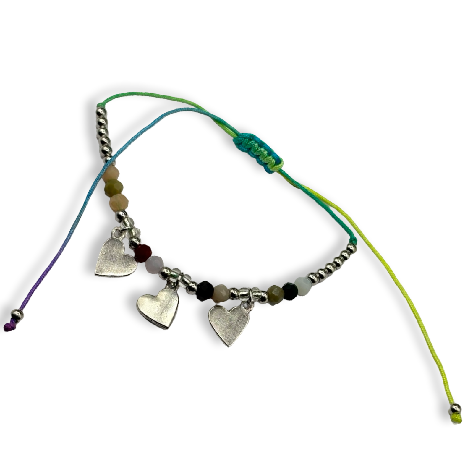 Rainbow & Silver  3 Hearts Adjustable String Bracelet