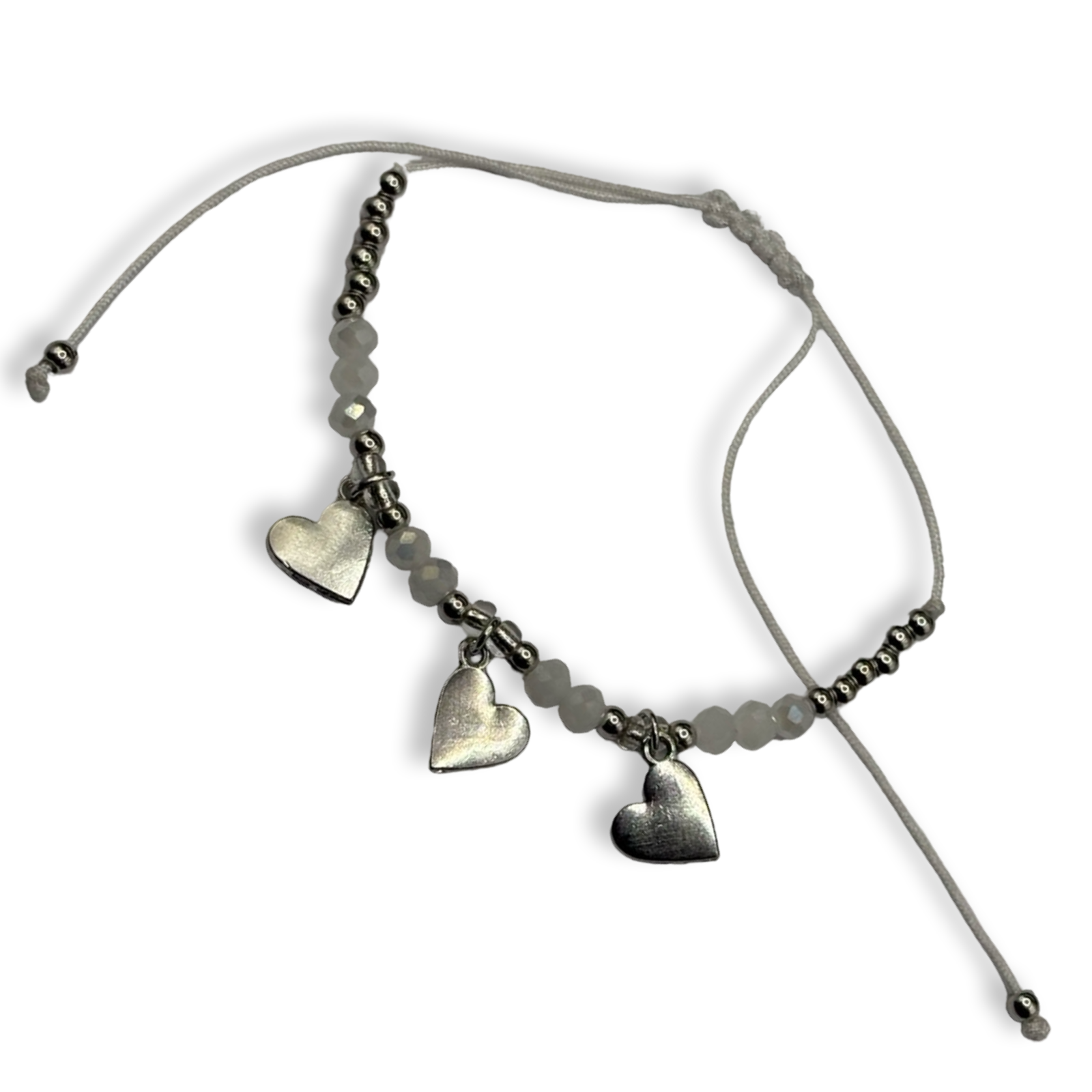 White & Silver  3 Hearts Adjustable String Bracelet