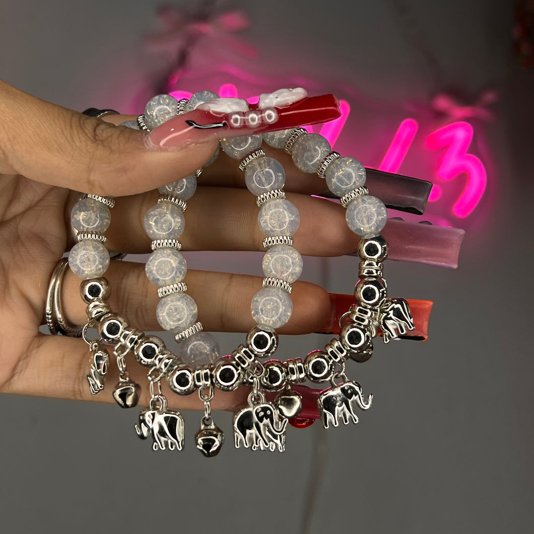 White & Silver 3 Elephant Bell Charm Beaded Bracelet