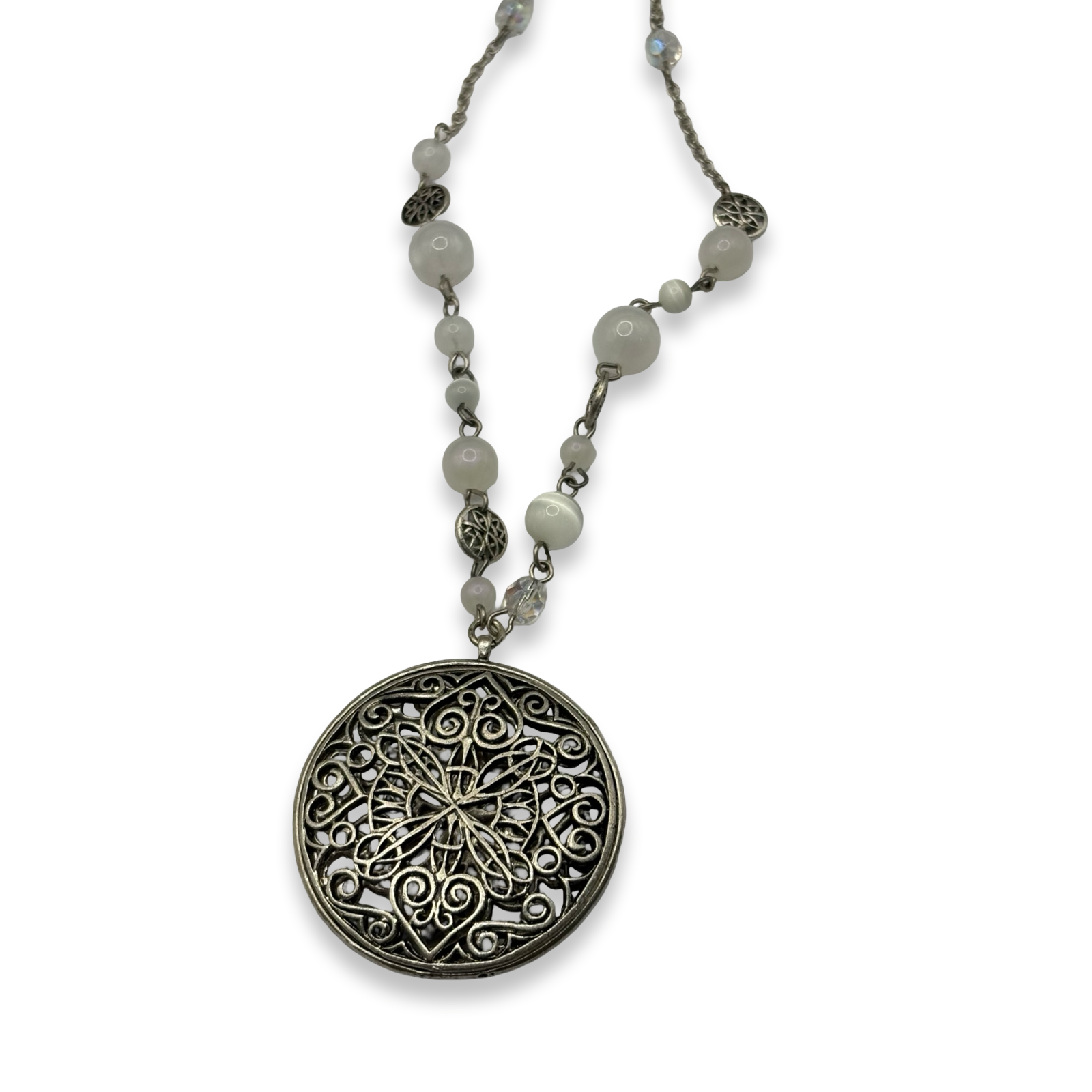 Silver & Milky Quartz XL Pendant Beaded Necklace