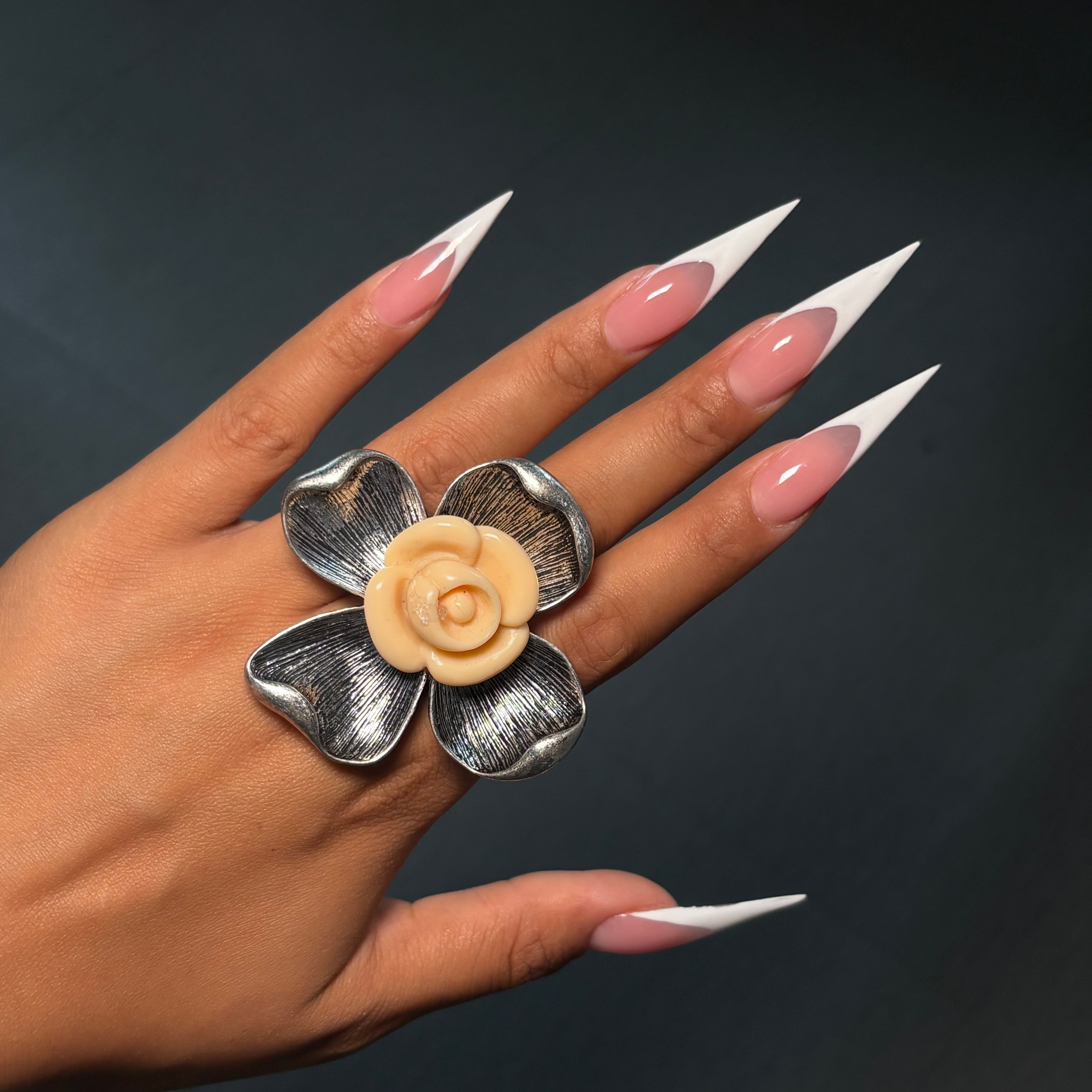 Silver & White XL Fleur Adjustable Statement Ring