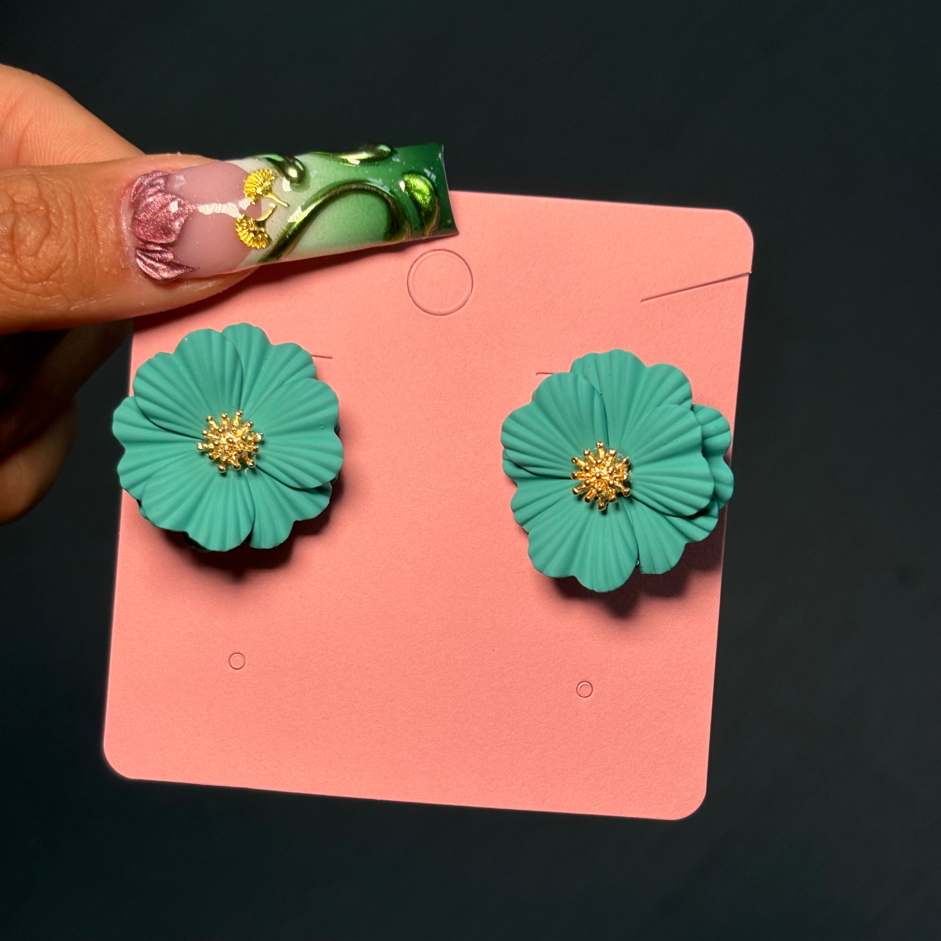Teal Daisy Clip On Statement Earrings