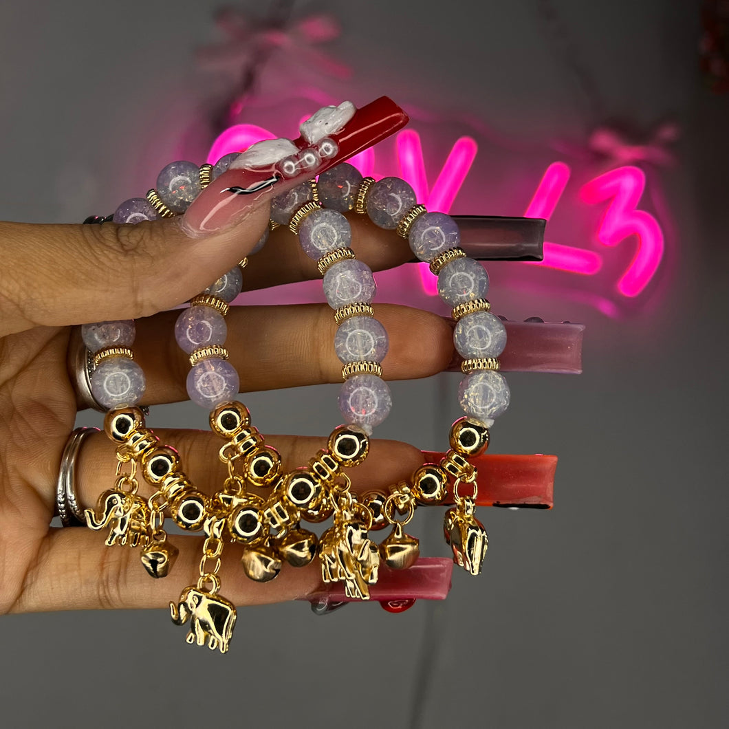 Purple & Gold 3 Elephant Bell Charm Beaded Bracelet