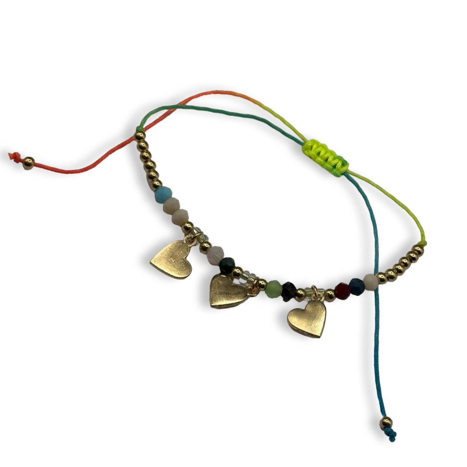 Rainbow  n Gold 3 Hearts Adjustable String Bracelet