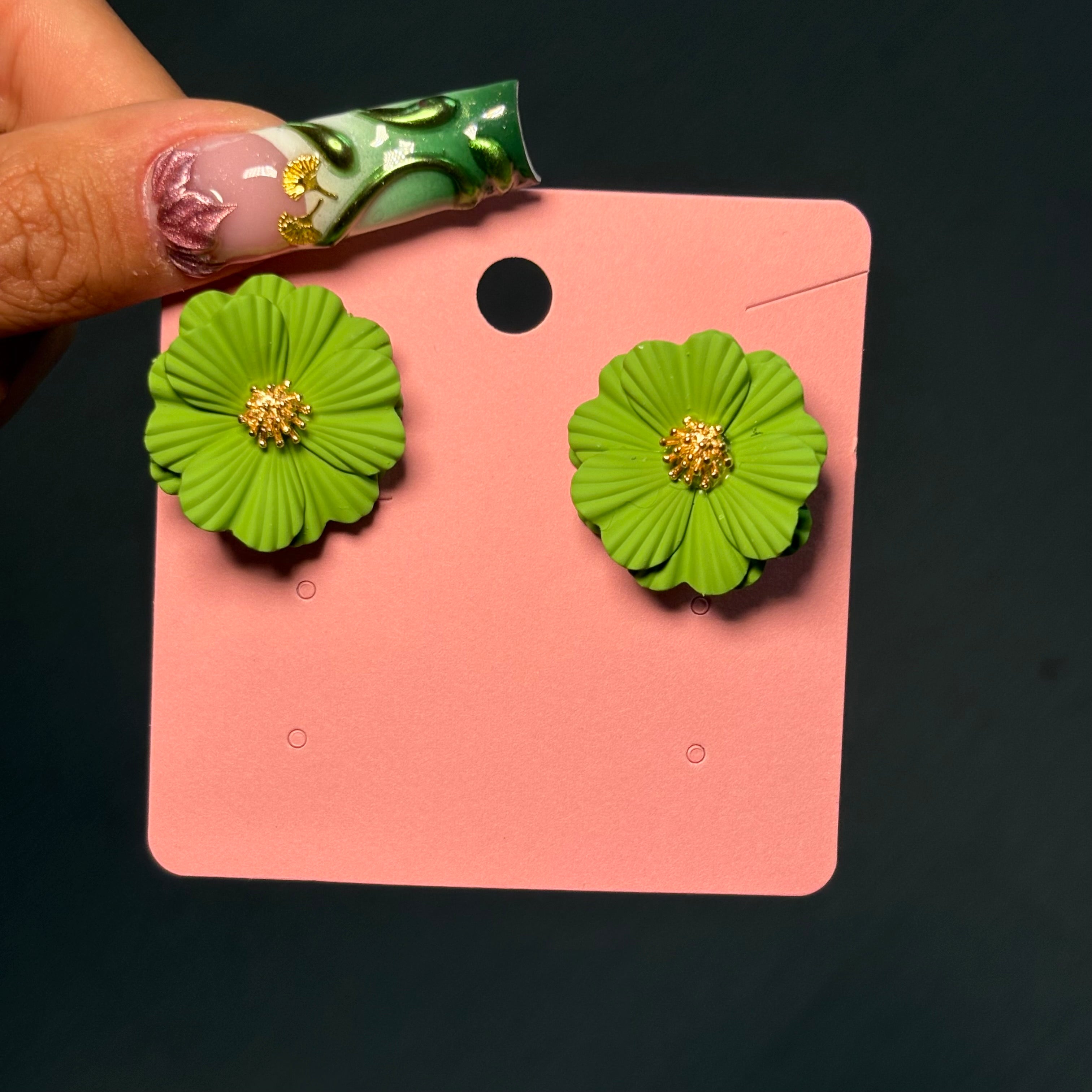 Green Daisy Clip On Statement Earrings