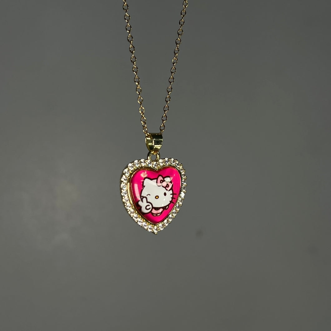 Gold Ms Kitty Heart Diamond Necklace