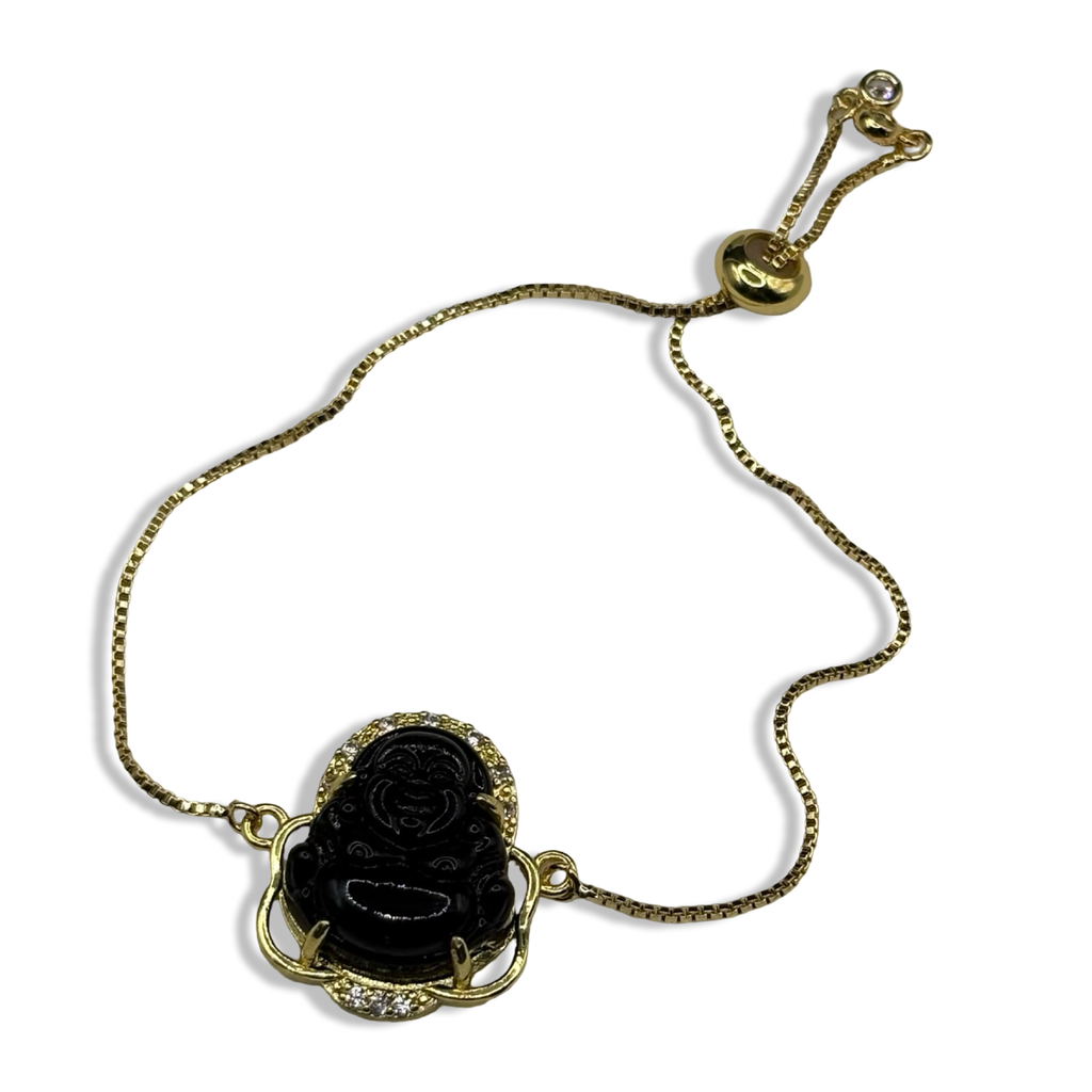 Gold Diamanté Black Buddha Adjustable Tennis Bracelet