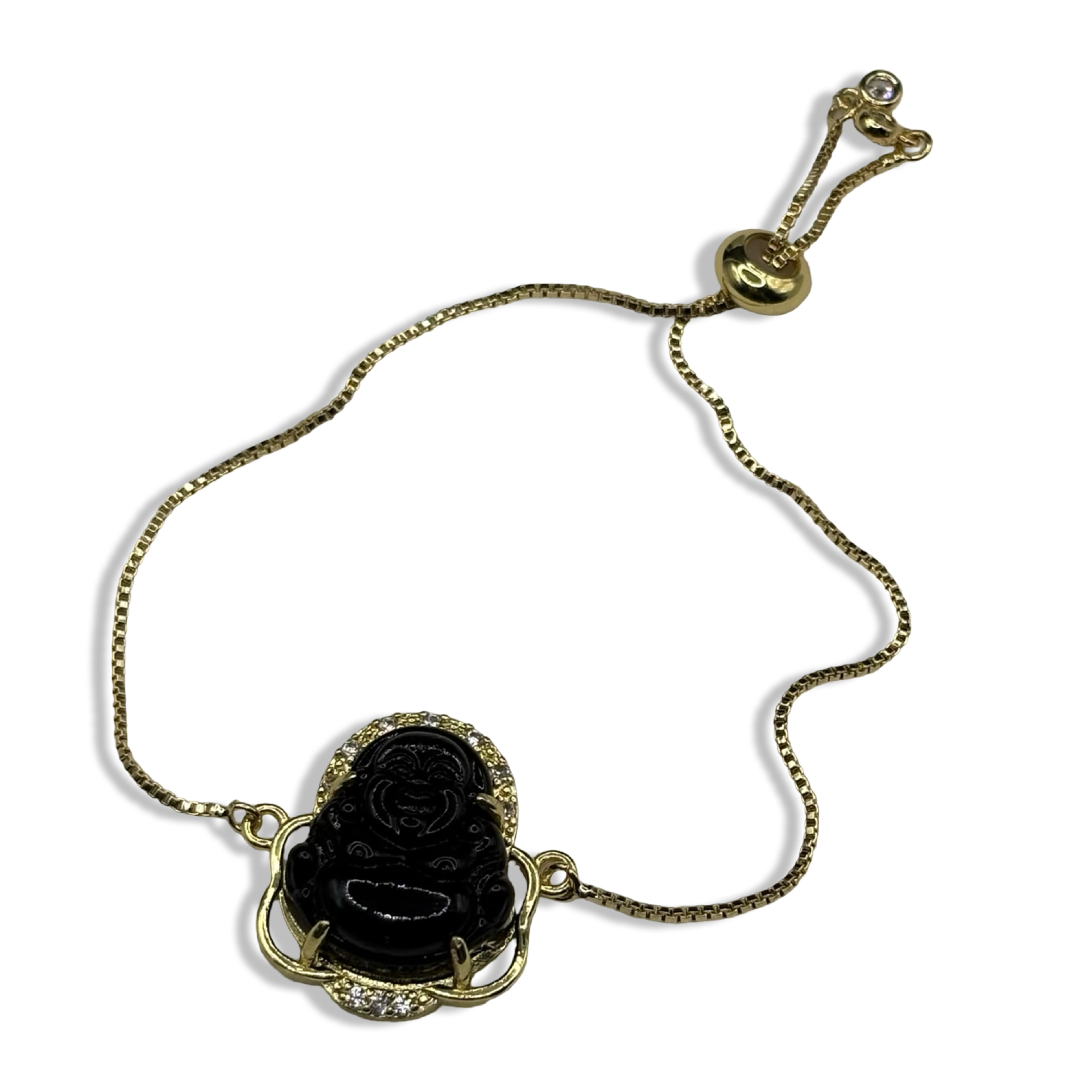 Gold Diamanté Black Buddha Adjustable Tennis Bracelet