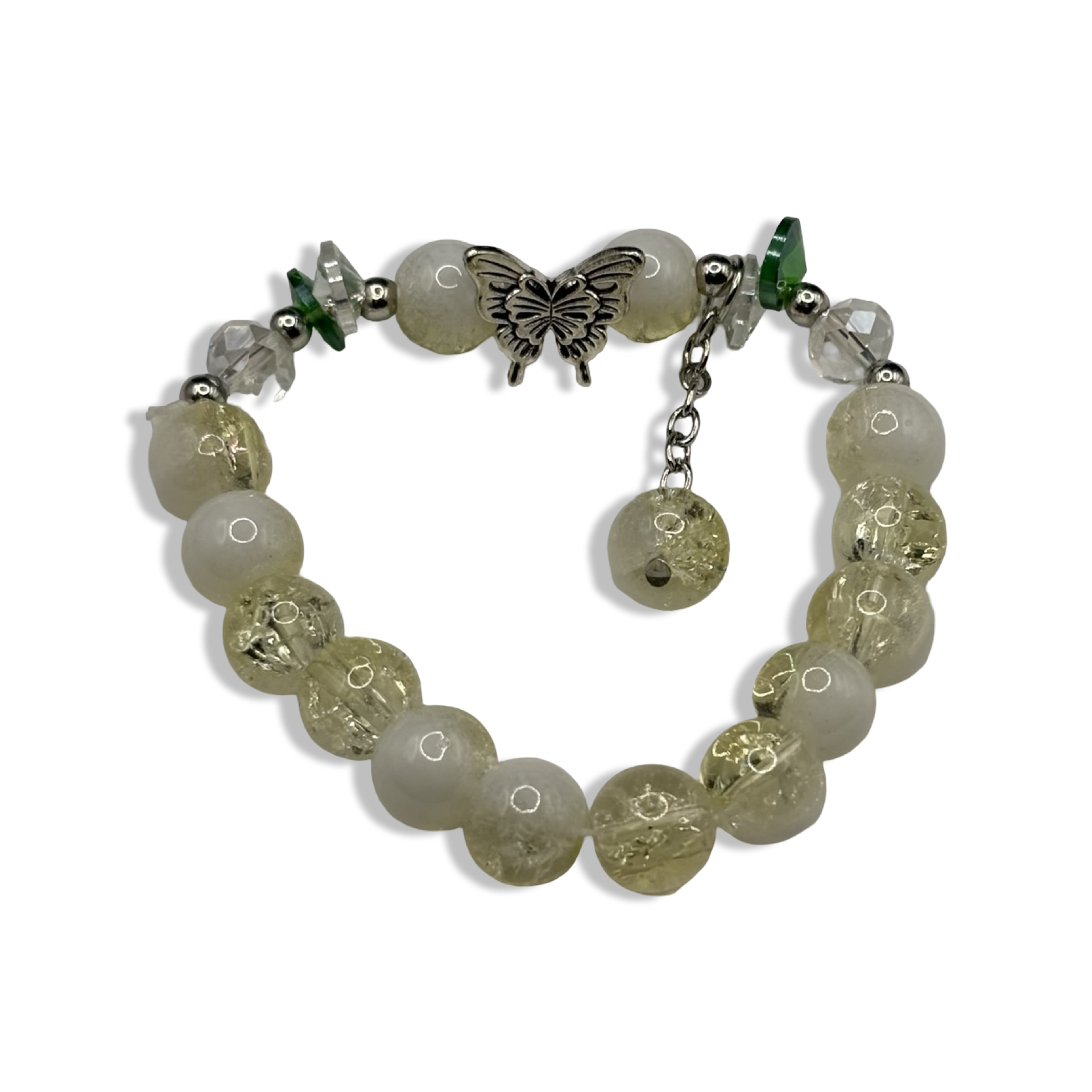 Pale Yellow & Silver Flutter Dangle Beaded Bracelet