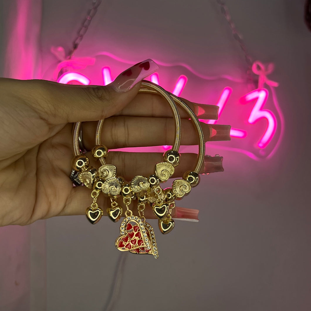 Gold & Red Valentine Heart Spring Charm Bracelet