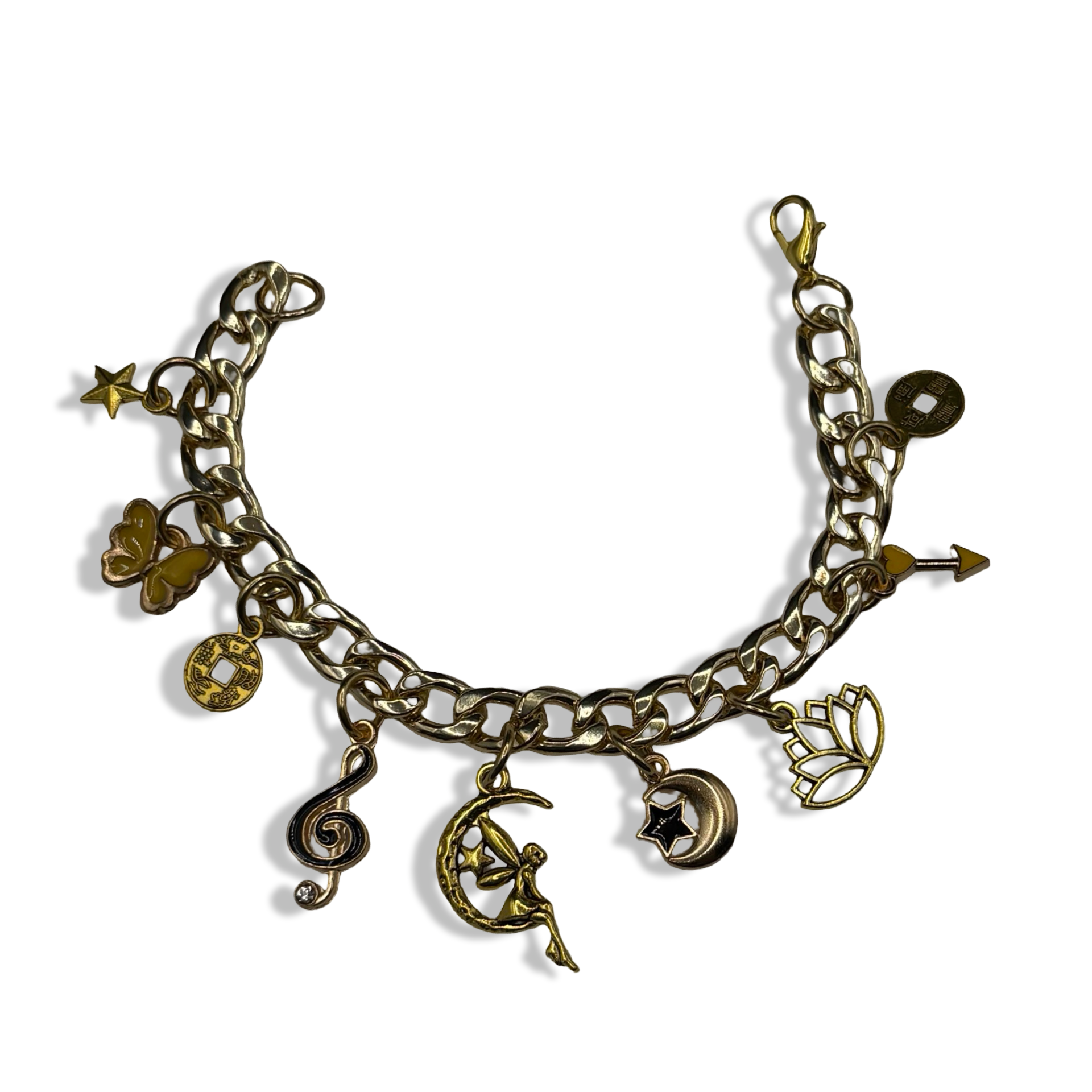 Gold Black & Yellow Fairy 🧚🏻‍♀️ 🌼🖤 Cuban Charm Bracelet
