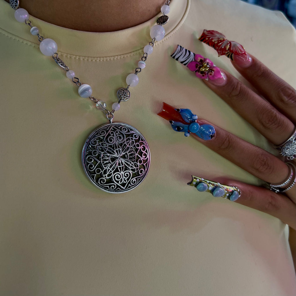 Silver & Milky Quartz XL Pendant Beaded Necklace