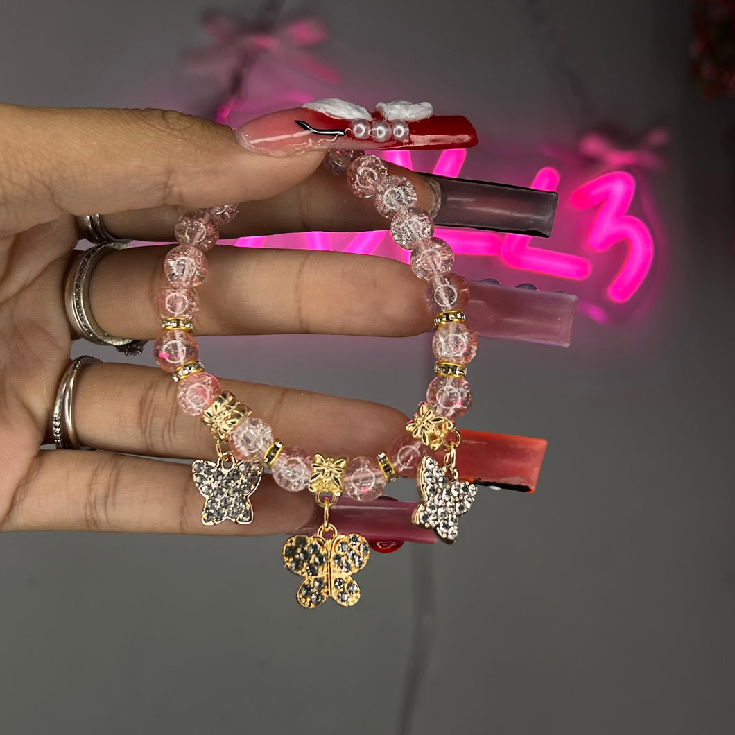 Pink & Gold 3 Butterfly Crackle Beaded Bracelet