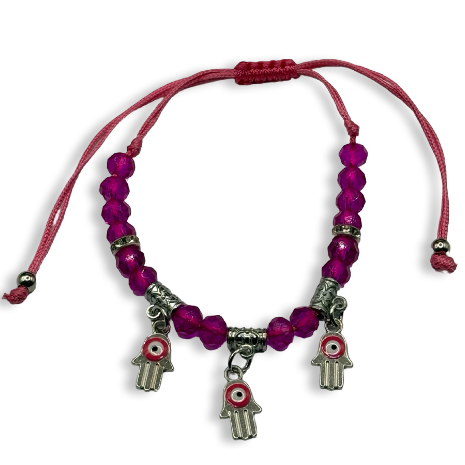 Hot Pink n Silver 3 Hamsa Charm Adjustable String Bracelet