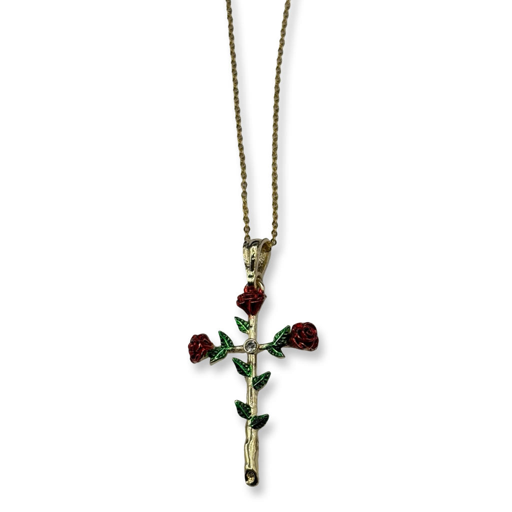 Gold XL Rose Thorn Cross Necklace