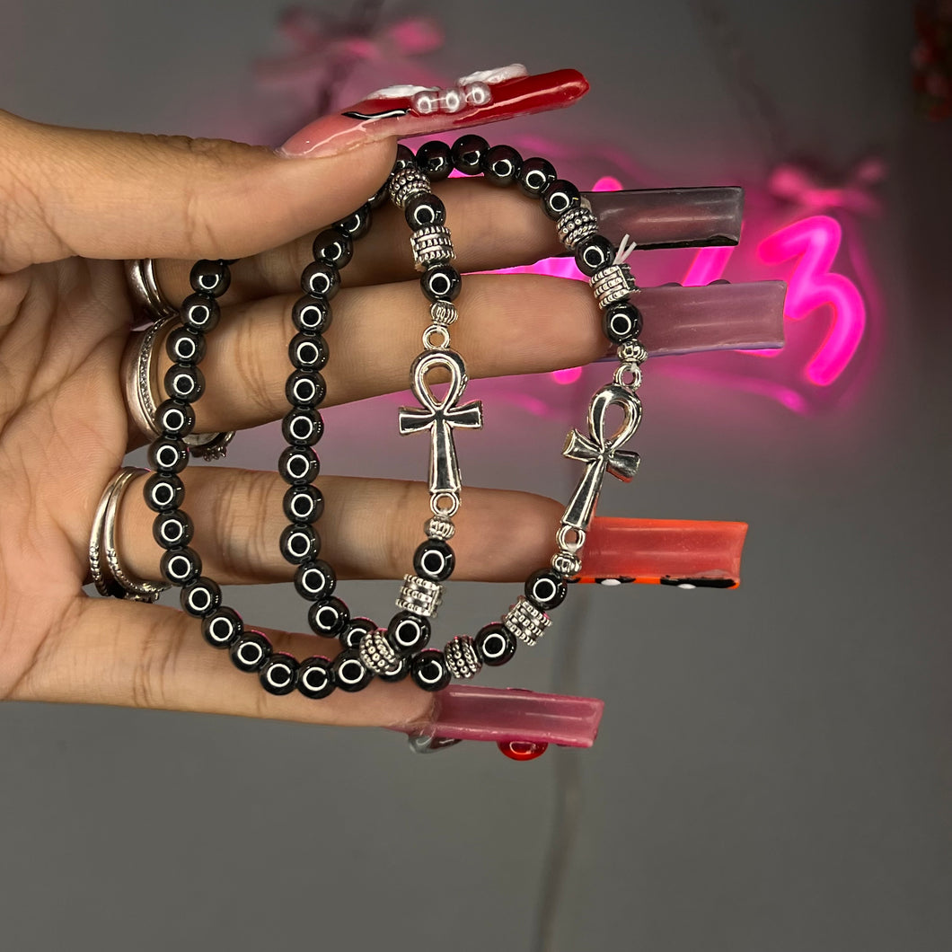 Silver Ankh Hematite Crystal Beaded Bracelet