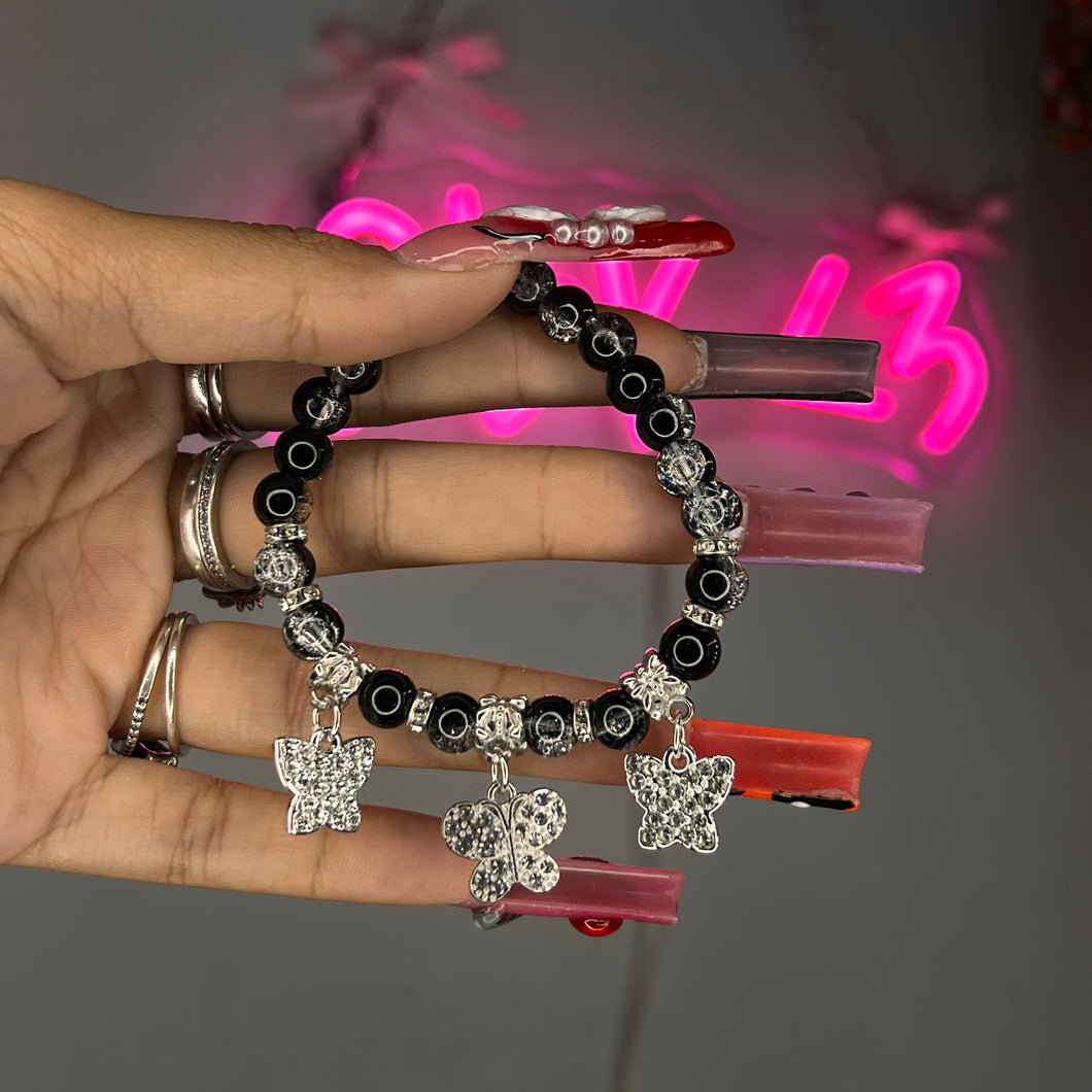 Black & Silver 3 Butterfly Crackle Beaded Bracelet