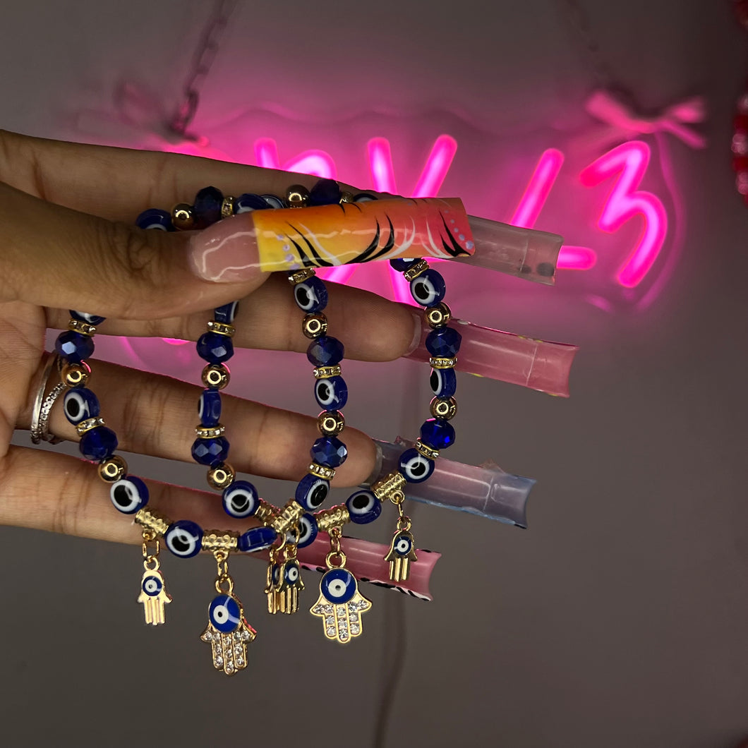 Gold & Blue & Blue 3 Hamsa Beaded Bracelet