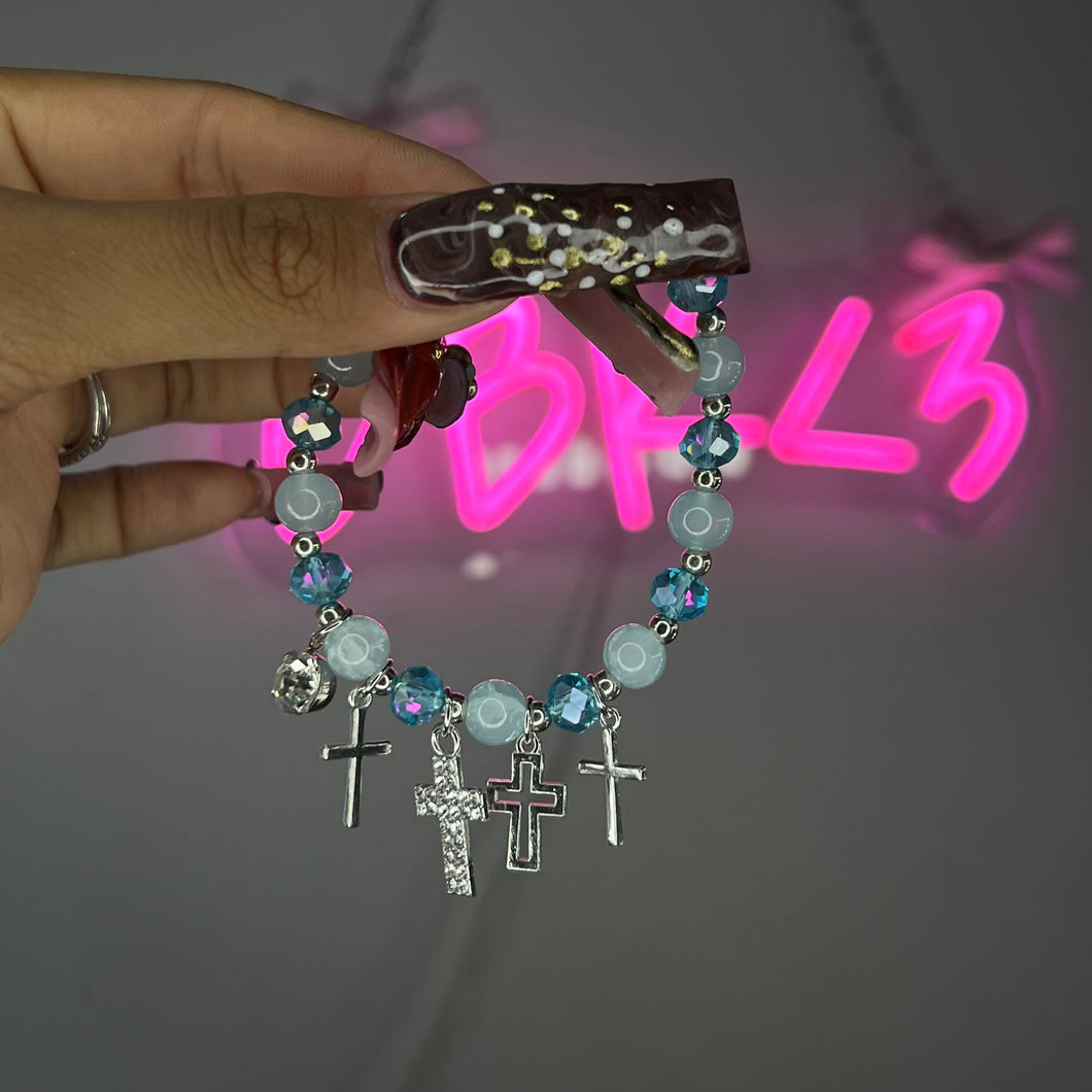Blue & Silver 4 Cross Diamond Beaded Bracelet