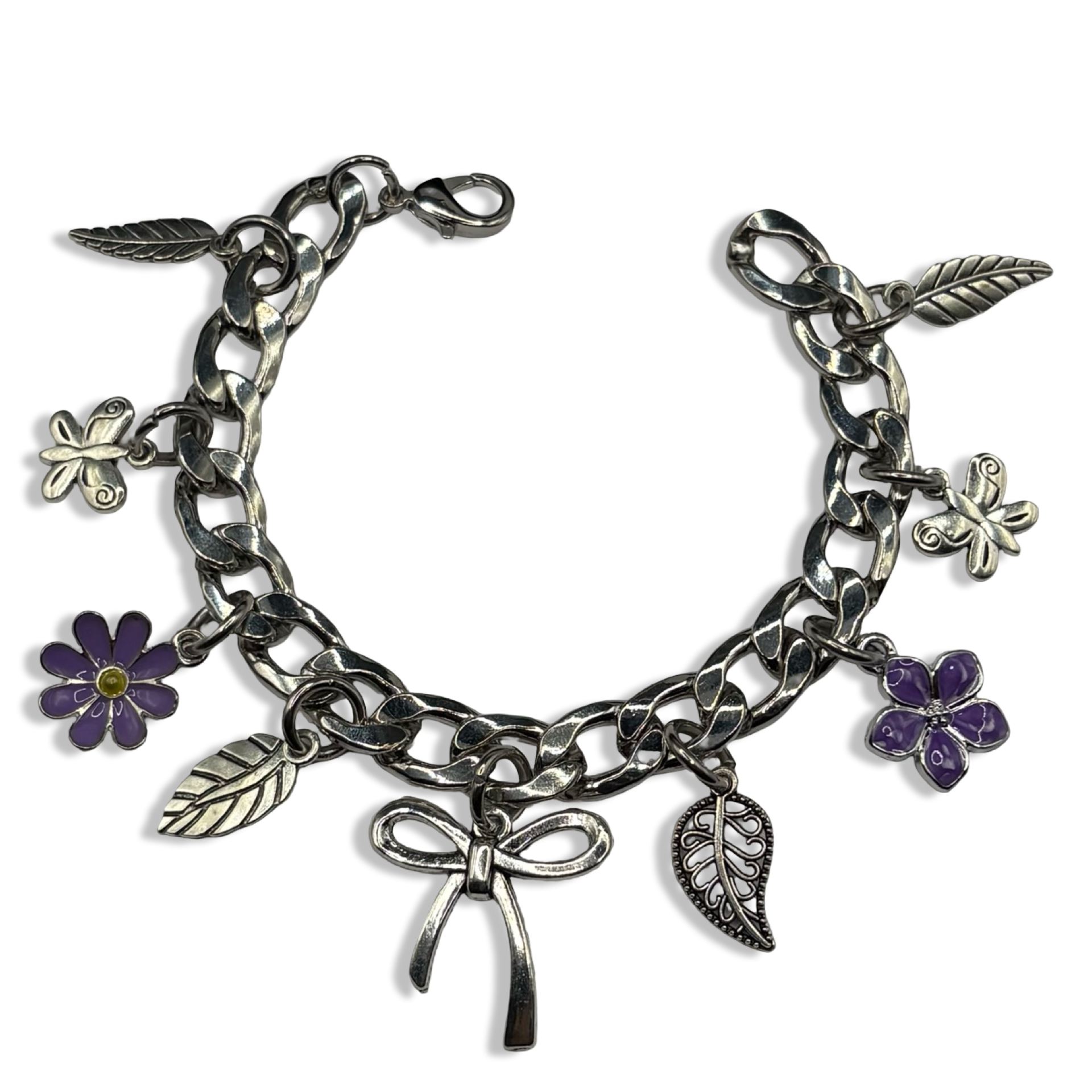 Purple Coquette Girlie 💜🎀 Silver Cuban Link Charm Bracelet