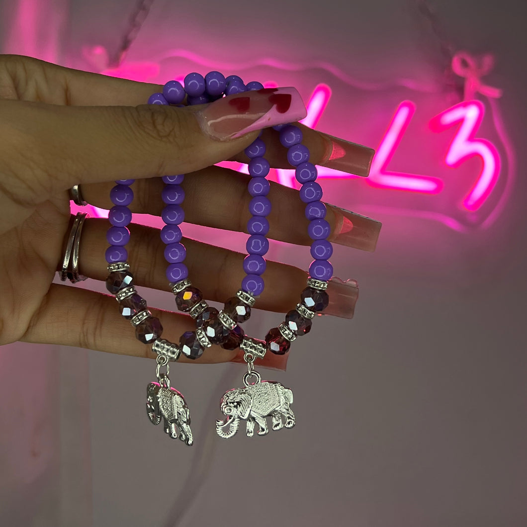 Silver & Purple Elephant Beaded Bracelet