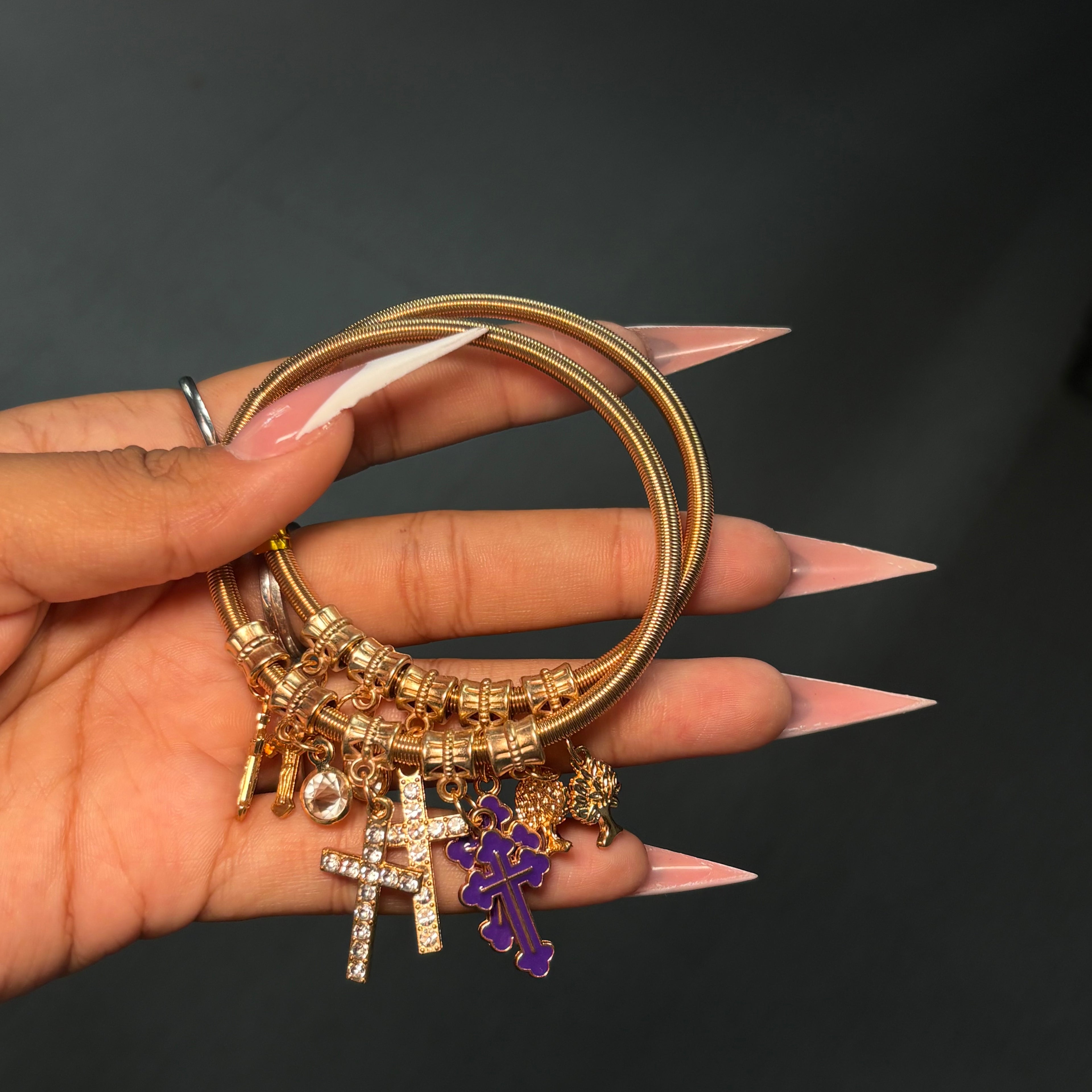 Purple & Gold Cross Spring Charm Bracelet