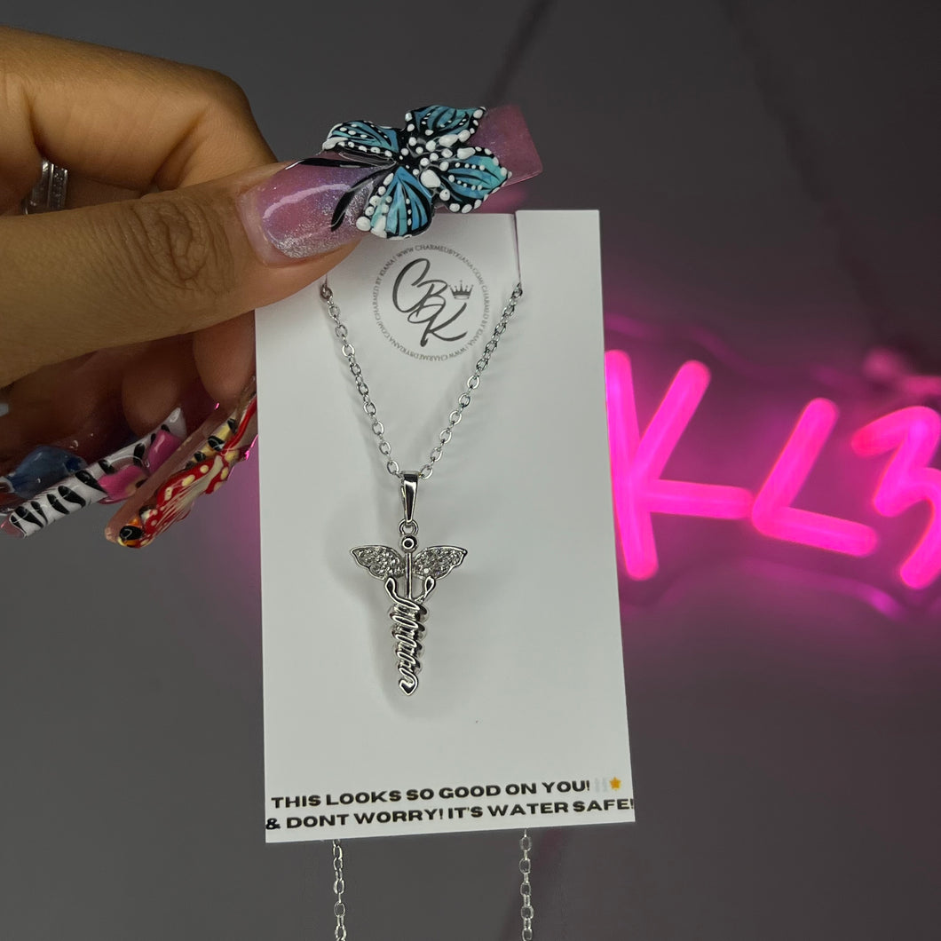 Silver Diamond Caduceus Necklace