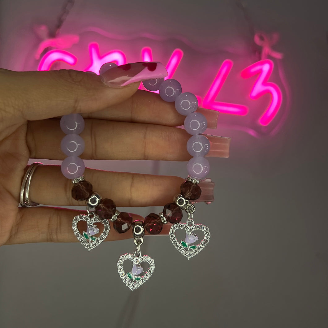 Purple  Heart Rose Beaded Bracelet