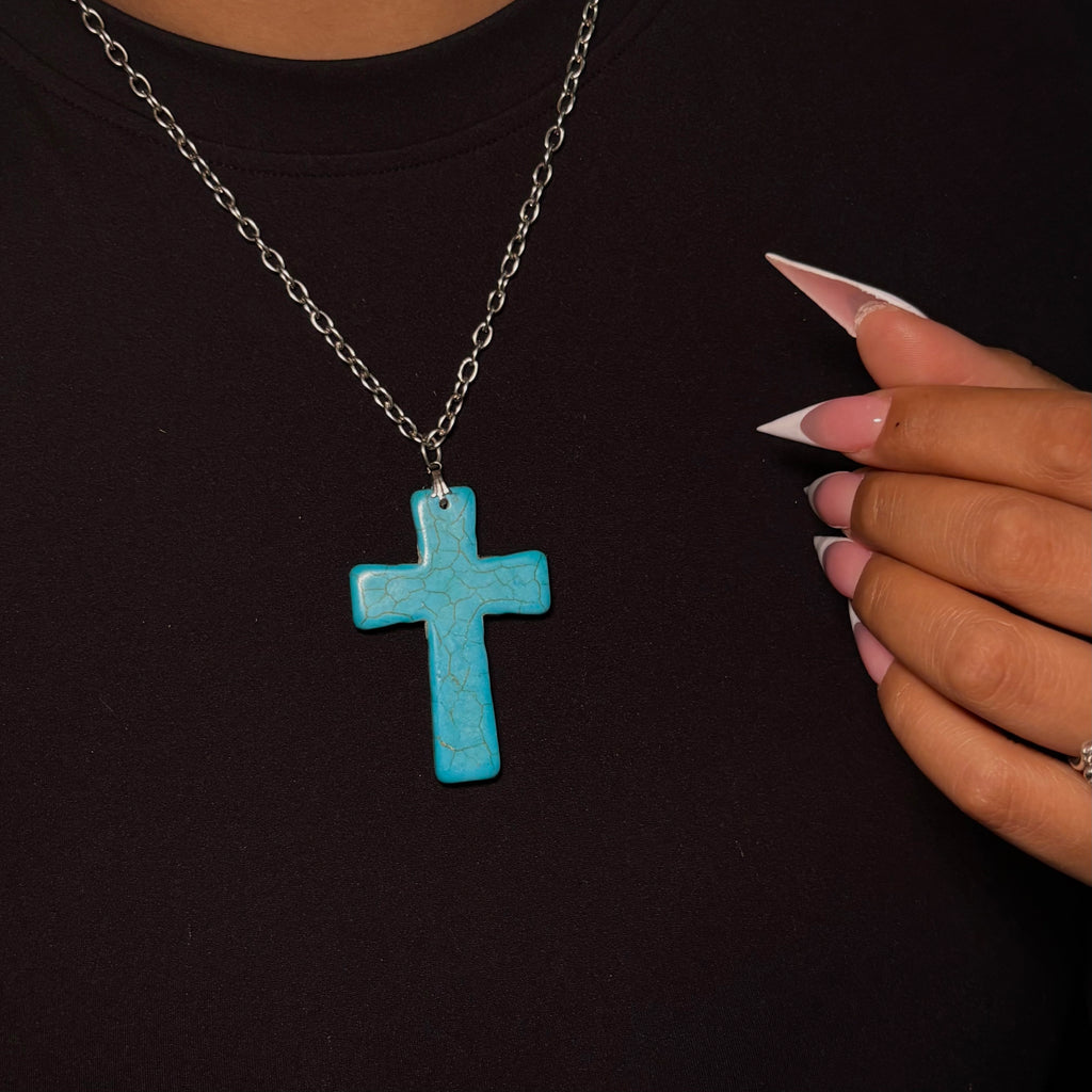 Silver & Blue Statement Cross Necklace