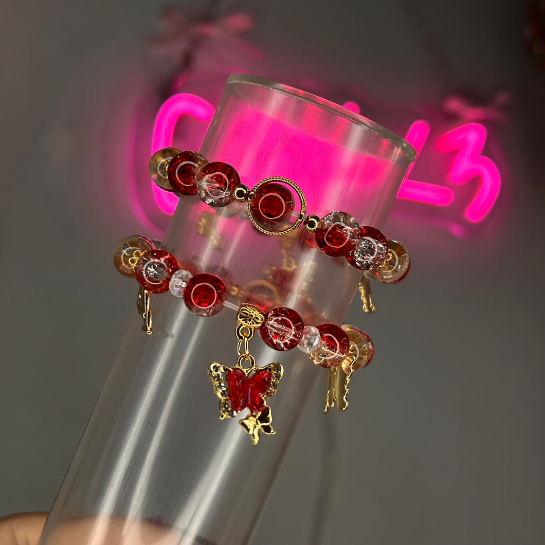 Red & Gold Spring Baby 3 Charm Beaded Bracelet