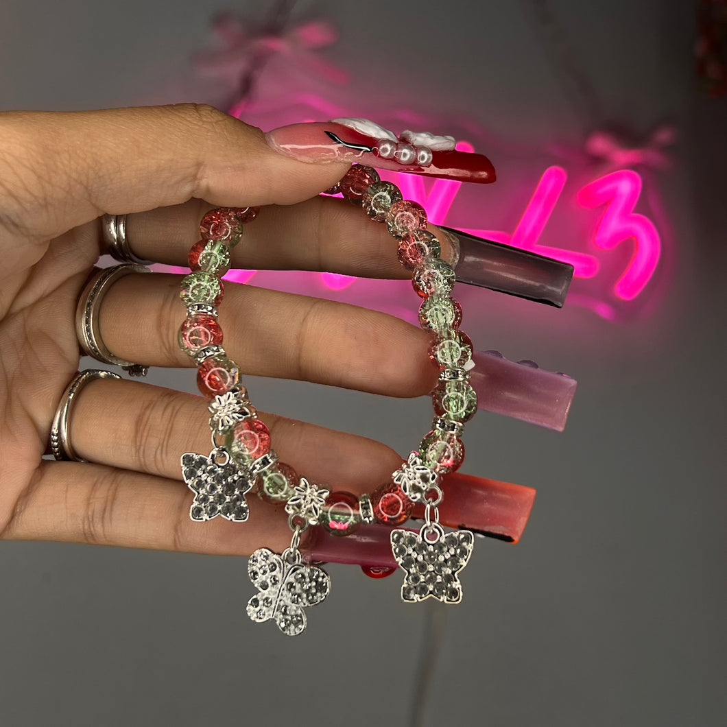 Red & Green Gold 3 Butterfly Crackle Beaded Bracelet