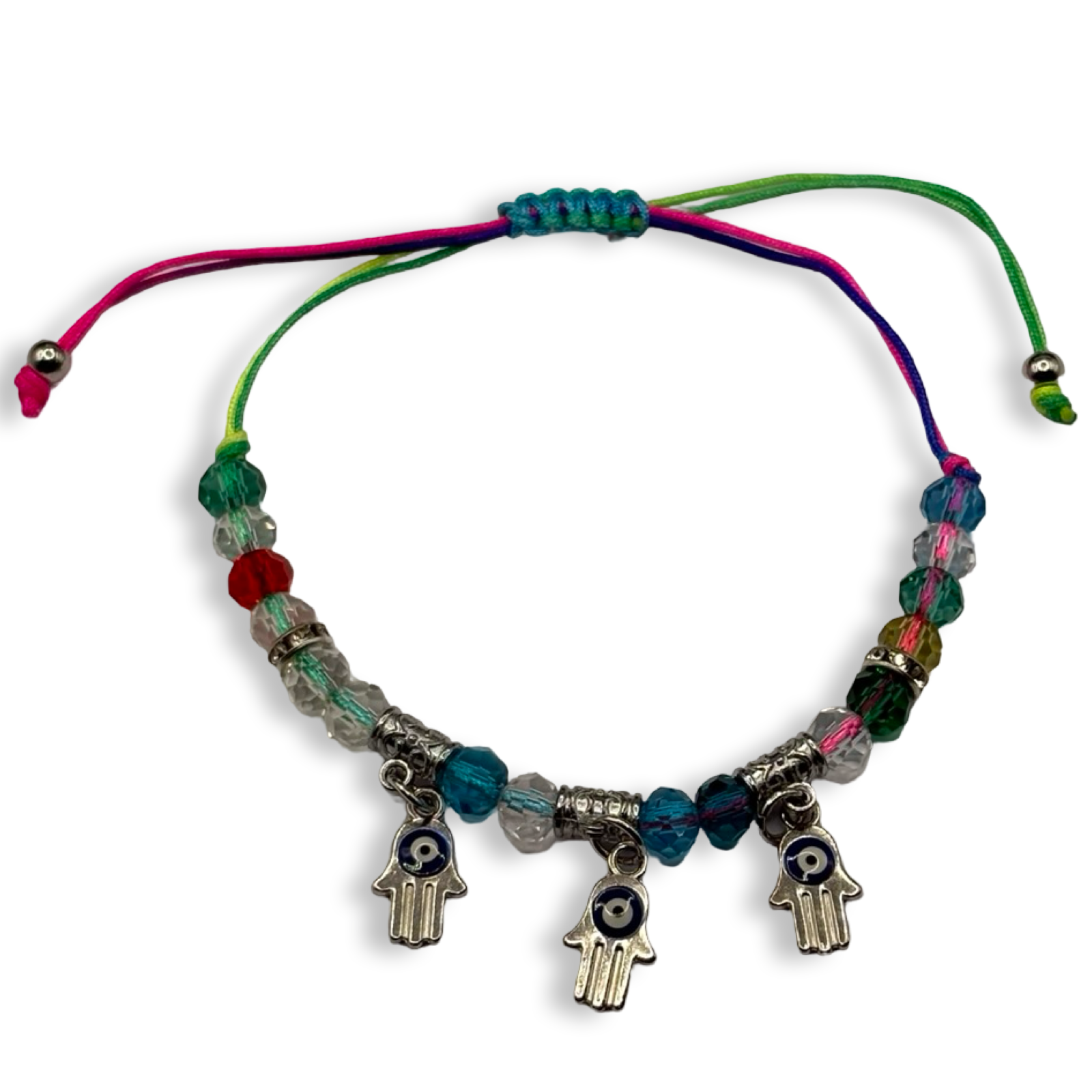 Rainbow n Silver 3 Hamsa Charm Adjustable String Bracelet