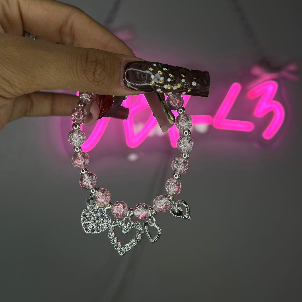 Pink & Silver Crackle 4 Heart Charm Diamond Beaded Bracelet