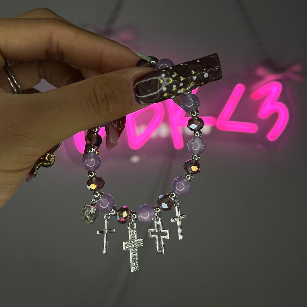 Purple & Silver 4 Cross Diamond Beaded Bracelet