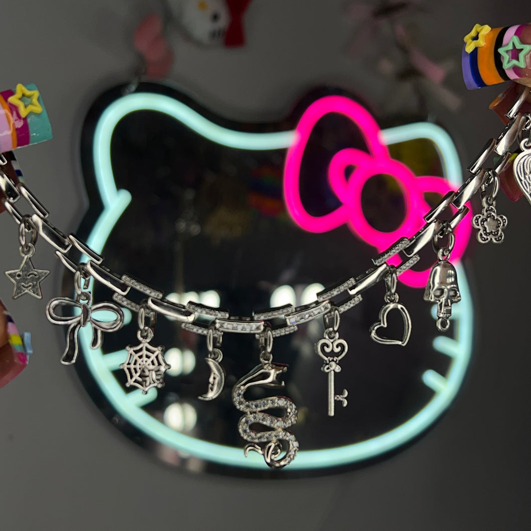 Silver Slimee Diamond Cuban Charm Bracelet