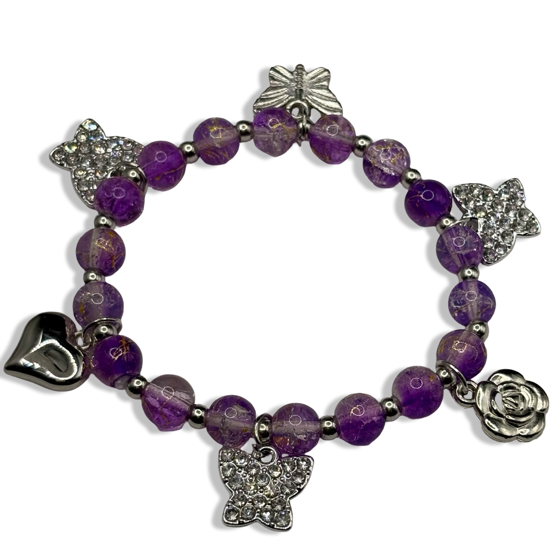 Purple & Silver Crackle Butterfly Beaded Bracelet