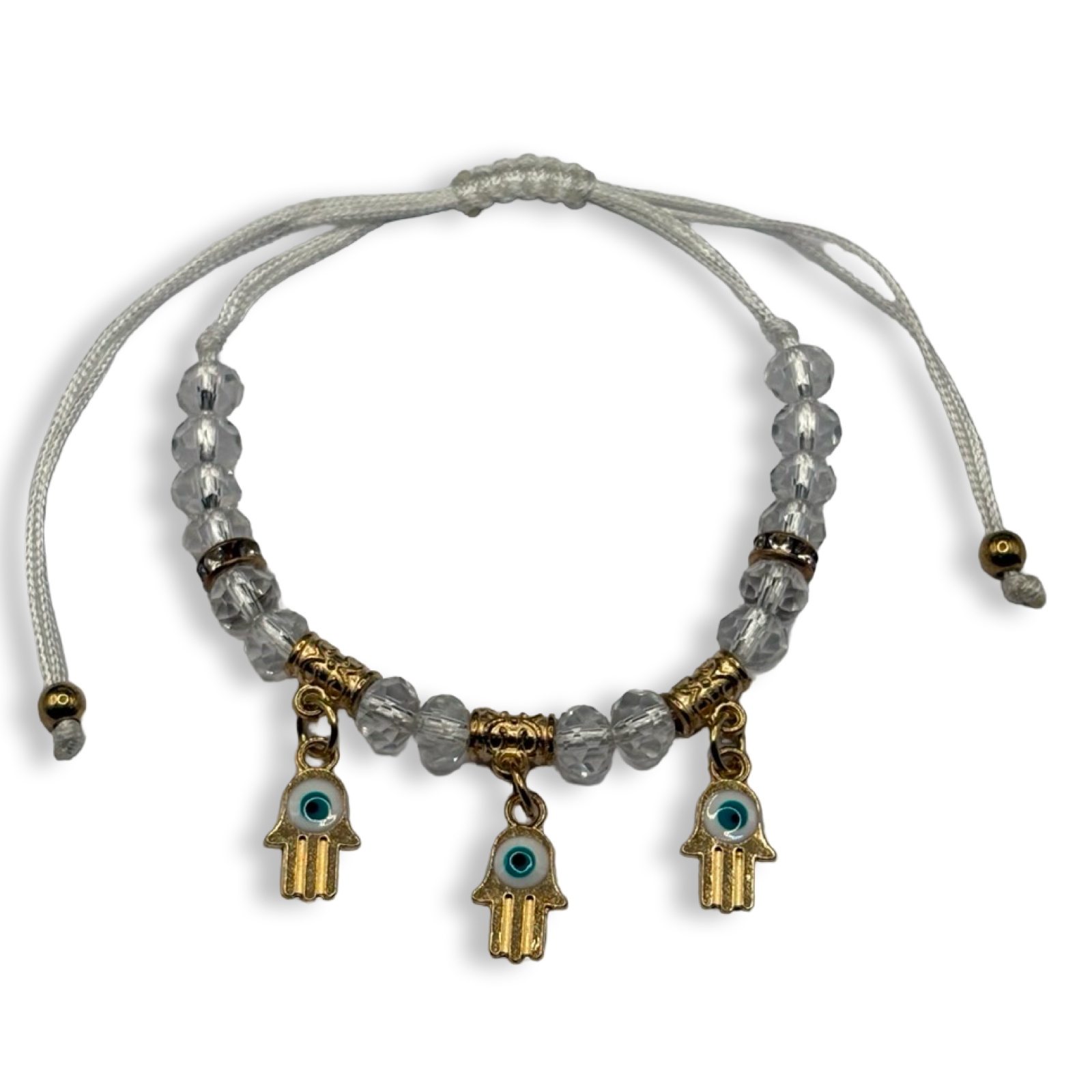 White & Gold 3 Hamsa Charm Adjustable String Bracelet