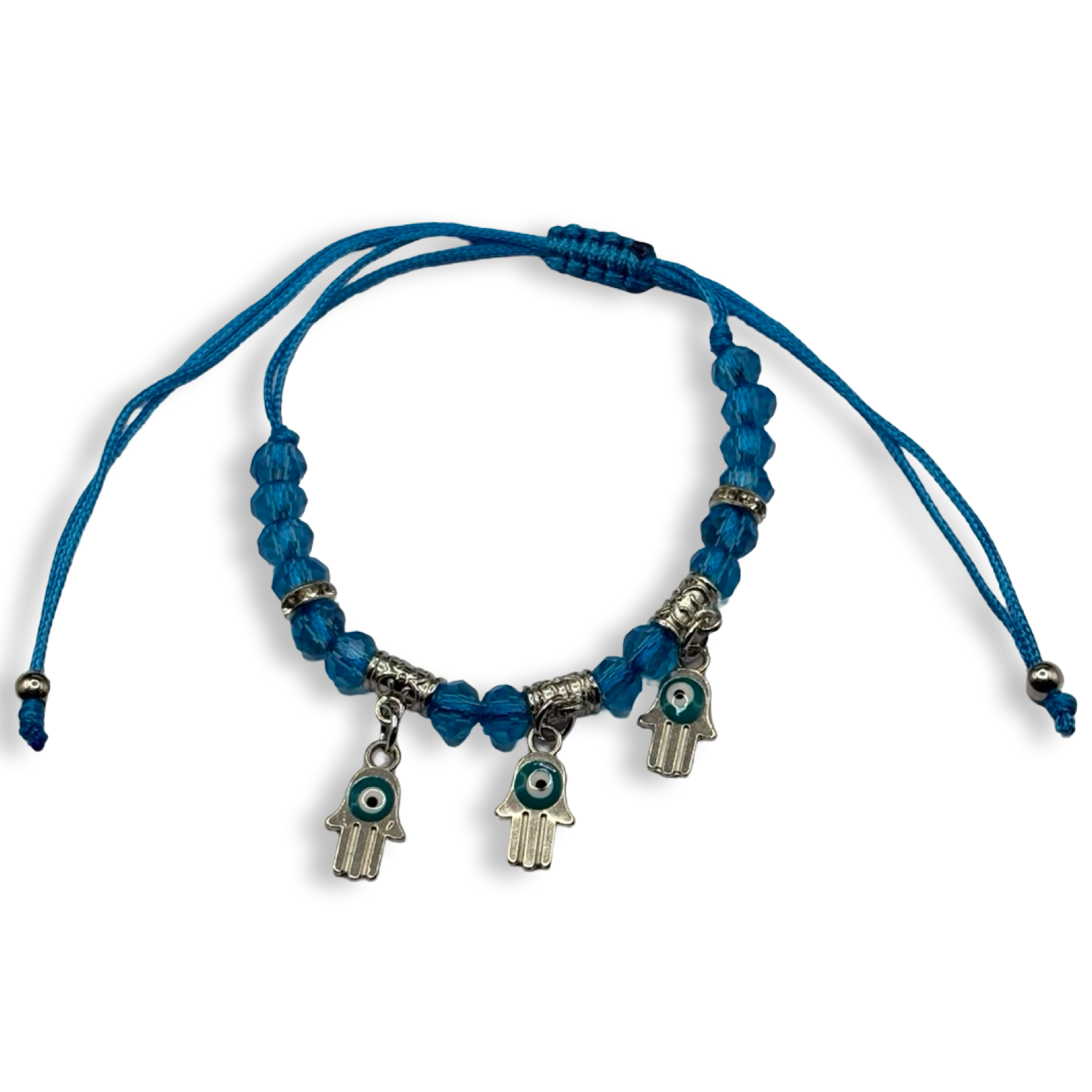 Baby Blue n Silver 3 Hamsa Charm Adjustable String Bracelet
