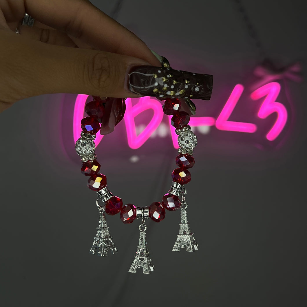 Red Sparkle Eiffel Tower Beaded Bracelet