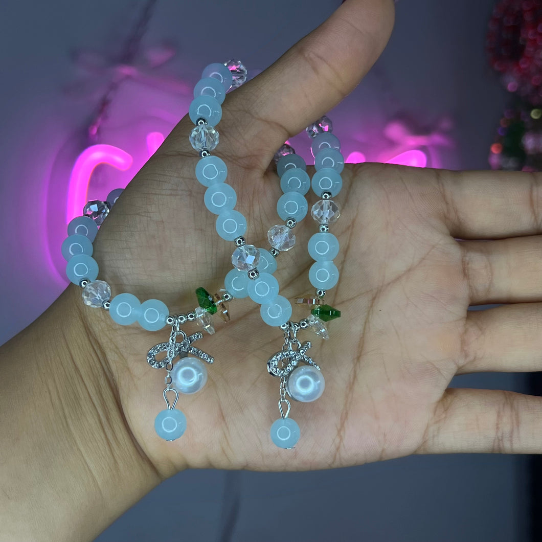Blue & Silver Coquette Dangle Diamond Girl Beaded Bracelet